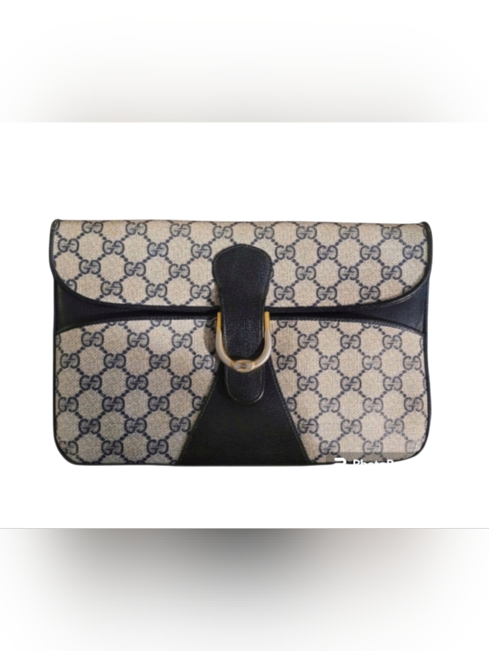 Vtg Gucci GG Monogram Bag Clutch & Strap Accessory Horseshoe Buckle Navy